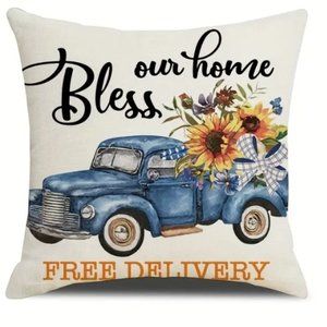 NEW FARMHOUSE FLORAL SUNFLOWER "BLESS OUR HOME" LINEN FLORAL PILLOW COVER 17.7"